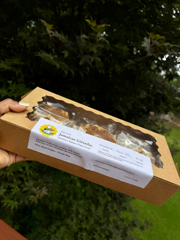 Authentic Jamaican gizzada pastry filled with sweet spiced coconut, freshly baked and packaged for sale. Conyers & Atlanta GA.
