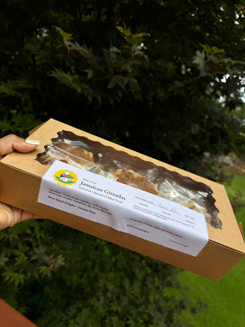 Authentic Jamaican gizzada pastry filled with sweet spiced coconut, freshly baked and packaged for sale. Conyers & Atlanta GA.
