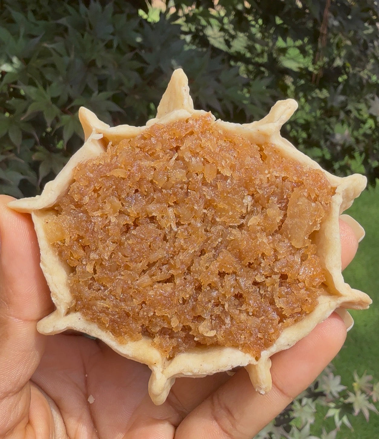 Authentic Jamaican gizzada pastry filled with sweet spiced coconut, freshly baked and packaged for sale. 
Conyers GA and Atlanta
