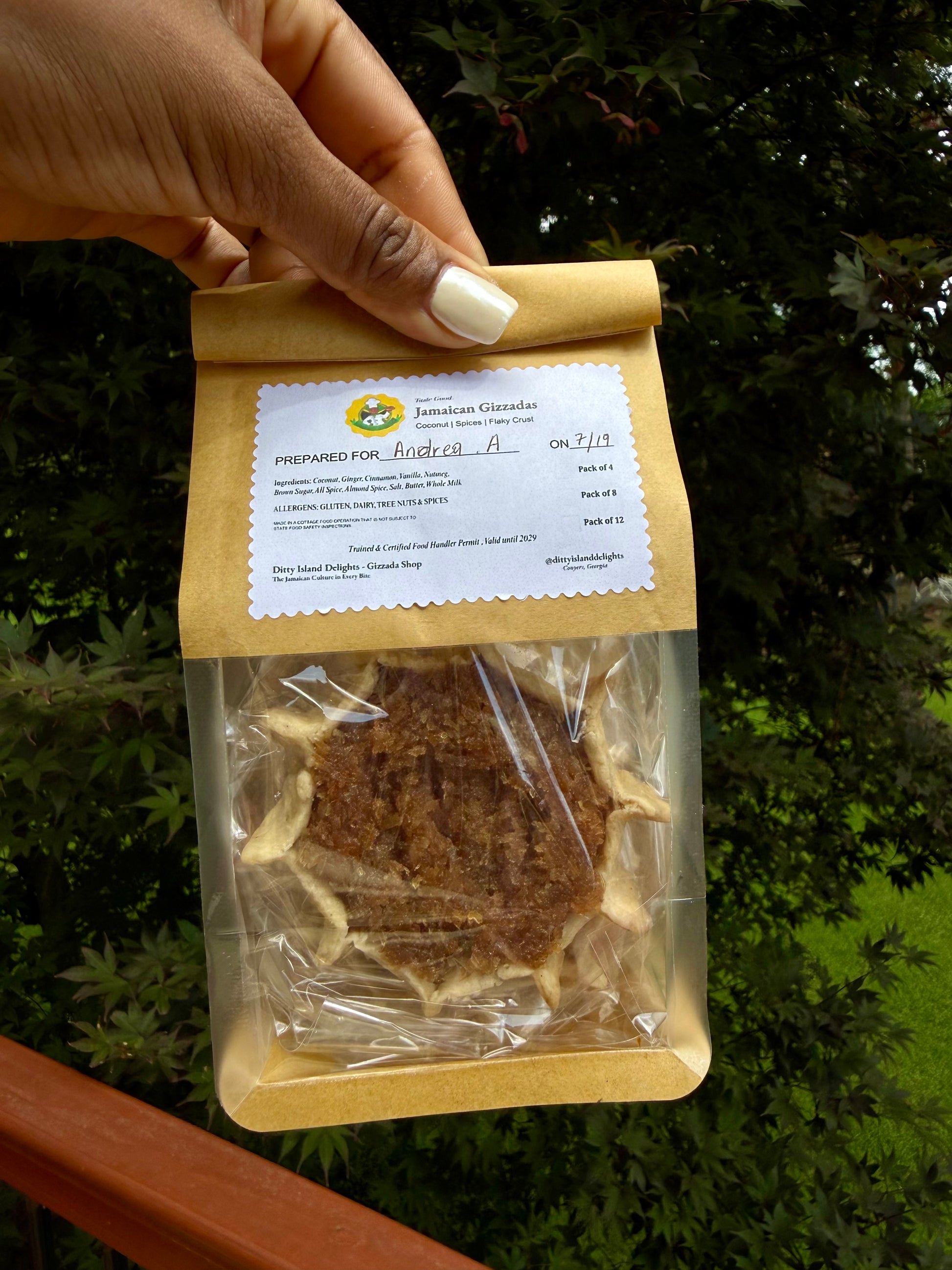 Authentic Jamaican gizzada pastry filled with sweet spiced coconut, freshly baked and packaged for sale. 
Conyers GA and Atlanta